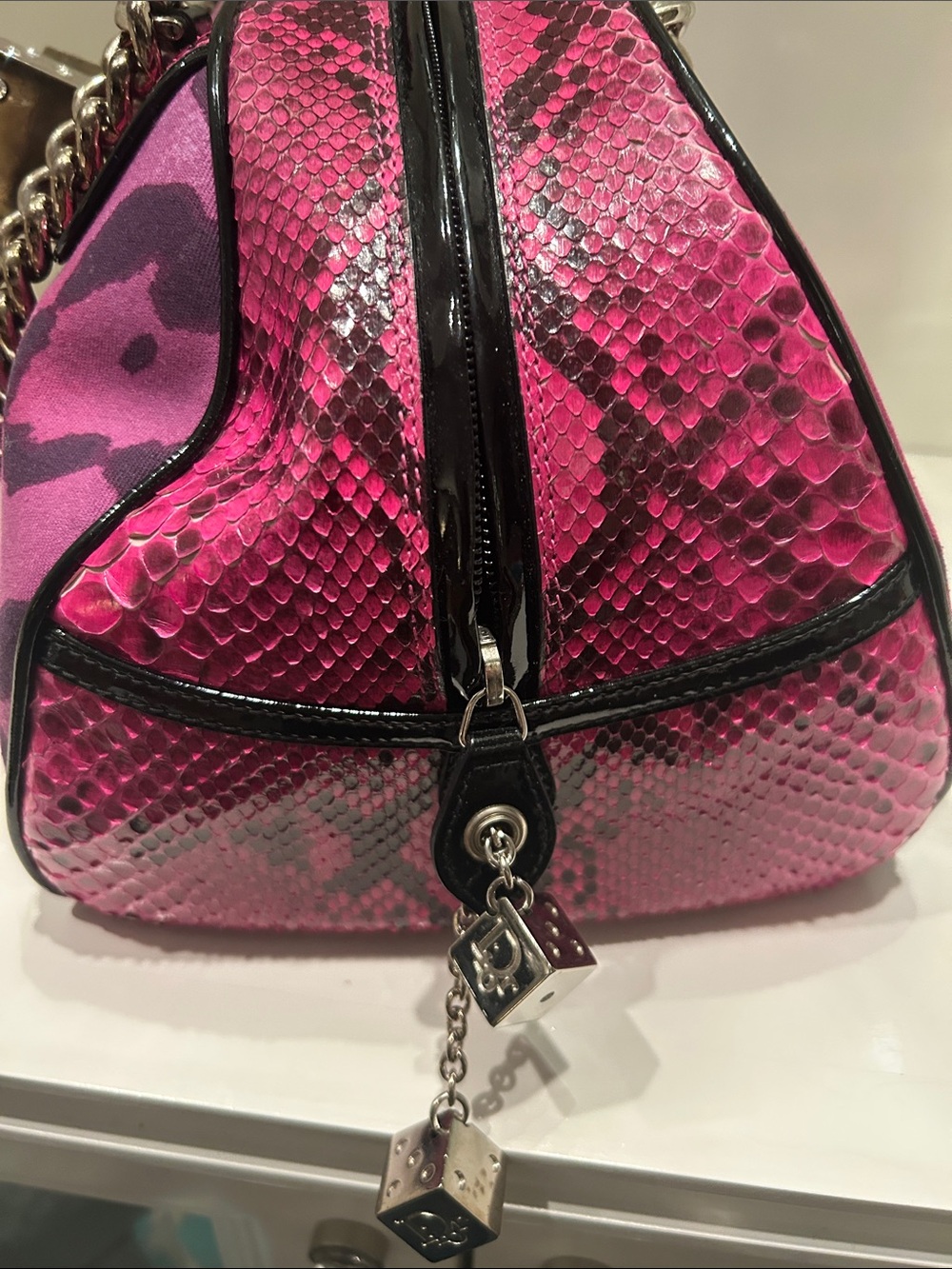 Dior Pink and Magenta Leopard-Print Satchel with Chain Charm - Picture 5 of 12